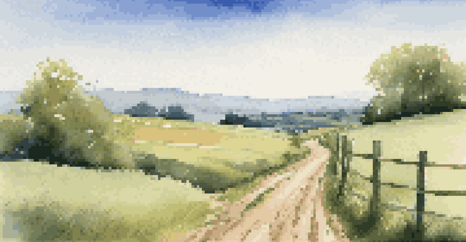 A picturesque landscape of rolling green hills and a dirt path, surrounded by a wooden fence under a bright blue sky.