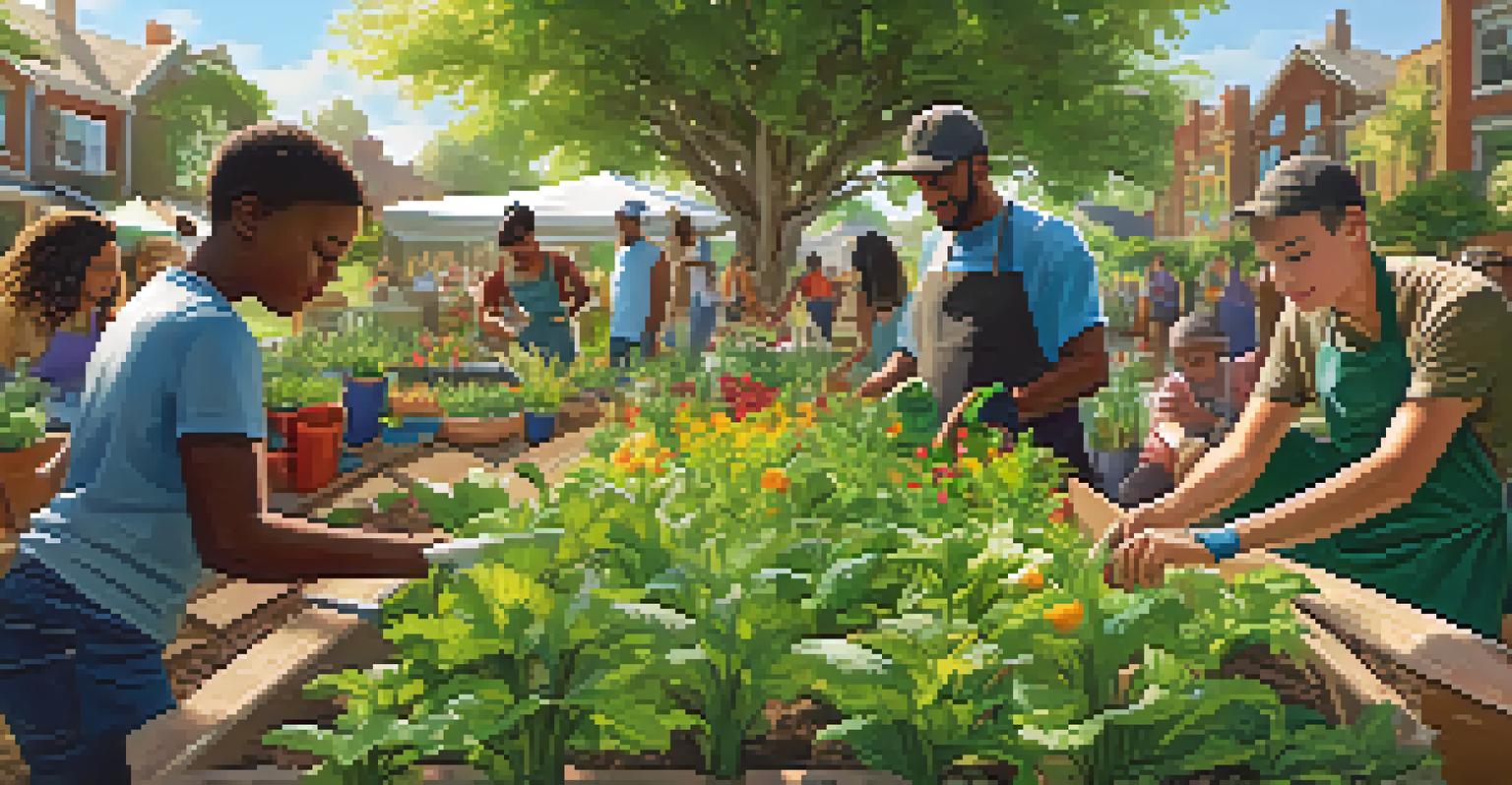 A community garden scene with diverse people planting vegetables and flowers, symbolizing collective sustainability efforts.