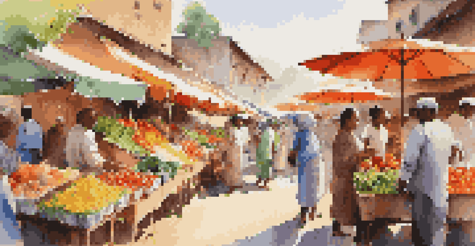 A lively market filled with colorful stalls of fruits and vegetables, with people interacting under bright umbrellas.