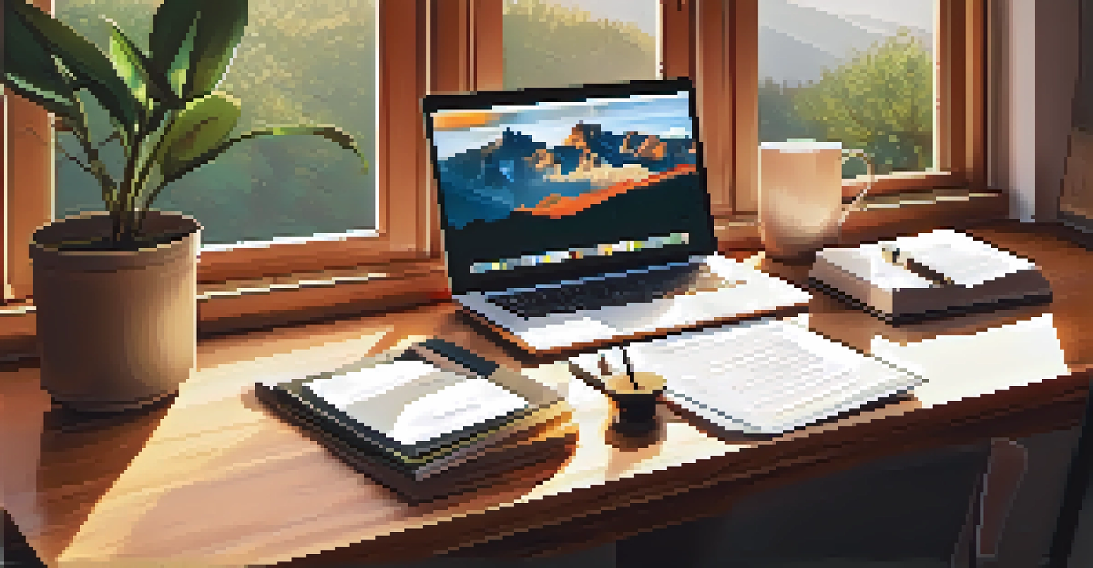 A cozy home office with a laptop and financial planning materials on the desk, surrounded by warm lighting.