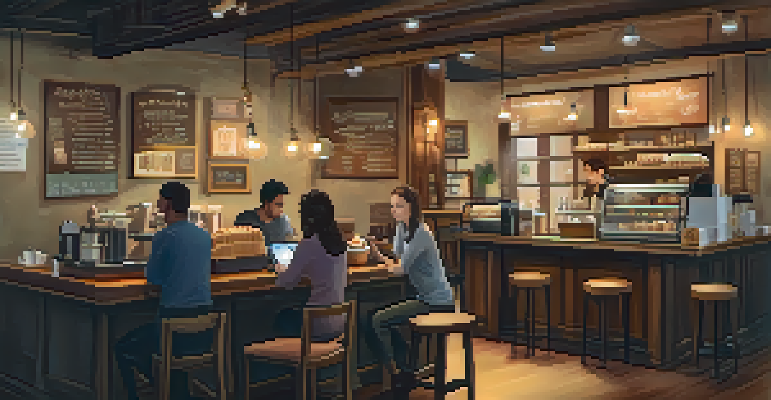 A cozy coffee shop with warm lighting, wooden furniture, and customers enjoying coffee and conversation.