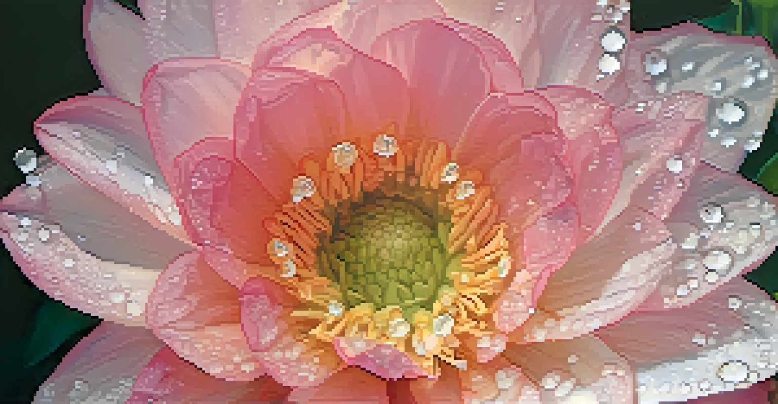 A detailed close-up of a pink and white flower with dewdrops in soft morning light.