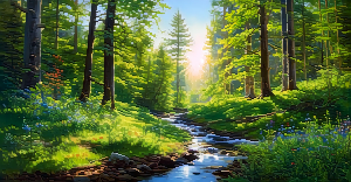 A peaceful forest scene with sunlight shining through the trees and a stream flowing through colorful wildflowers.