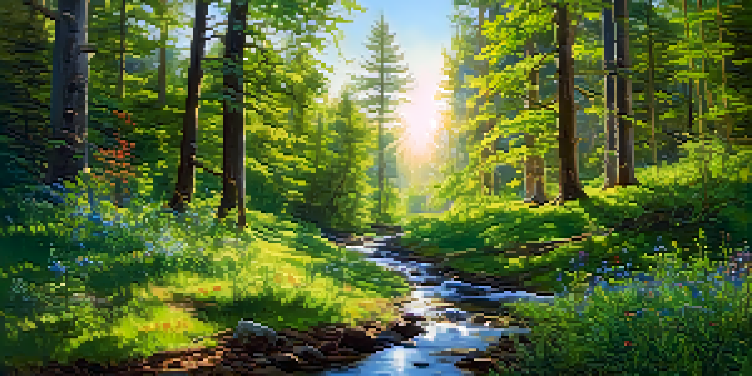 A peaceful forest scene with sunlight shining through the trees and a stream flowing through colorful wildflowers.