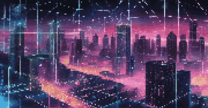 A detailed view of a blockchain network with glowing connections and dark cityscape in the background.