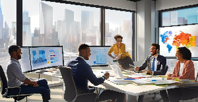 A diverse group of employees in a bright office meeting room, collaborating on a project with charts on a whiteboard.