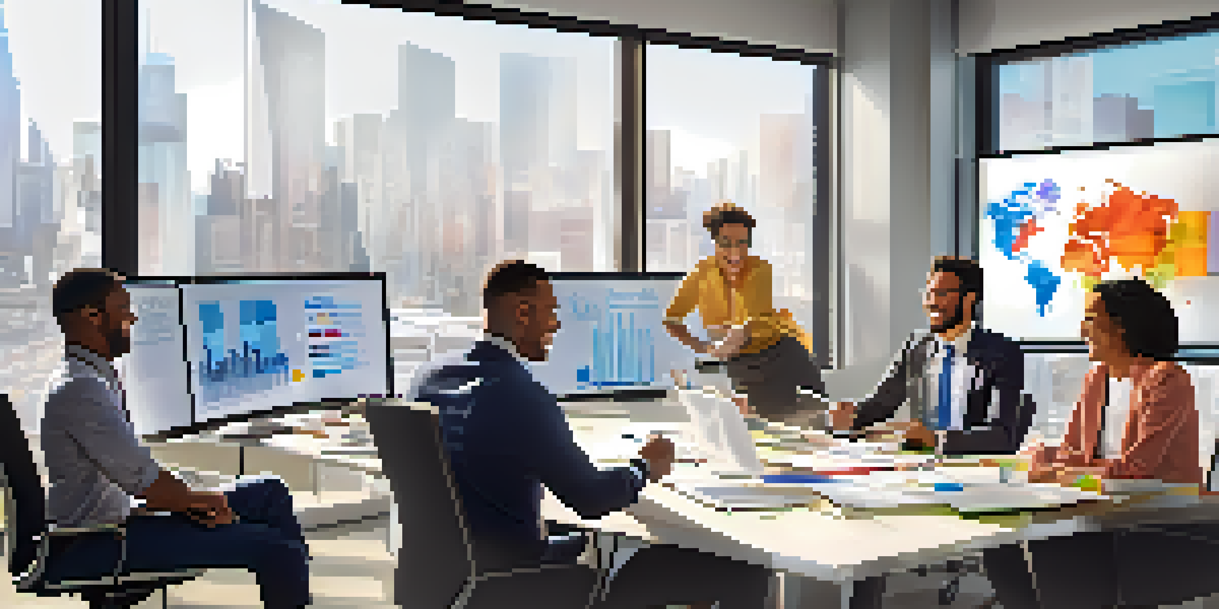 A diverse group of employees in a bright office meeting room, collaborating on a project with charts on a whiteboard.