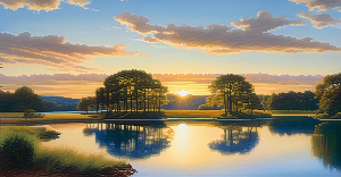 A peaceful lake surrounded by a variety of trees representing different investment assets, under a soft sunrise glow.