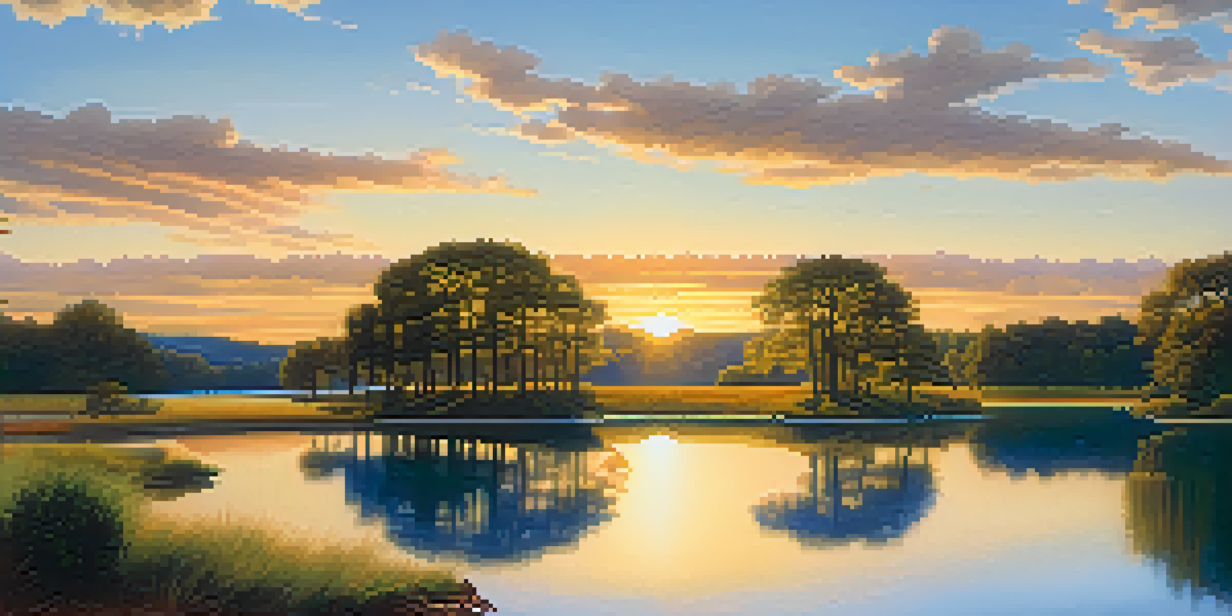 A peaceful lake surrounded by a variety of trees representing different investment assets, under a soft sunrise glow.