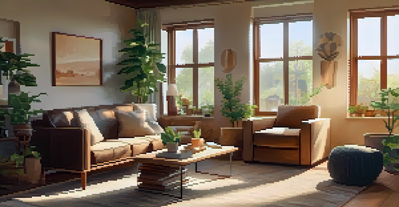 A cozy living room with sunlight coming through a large window, featuring a sofa, coffee table with books, and a potted plant.