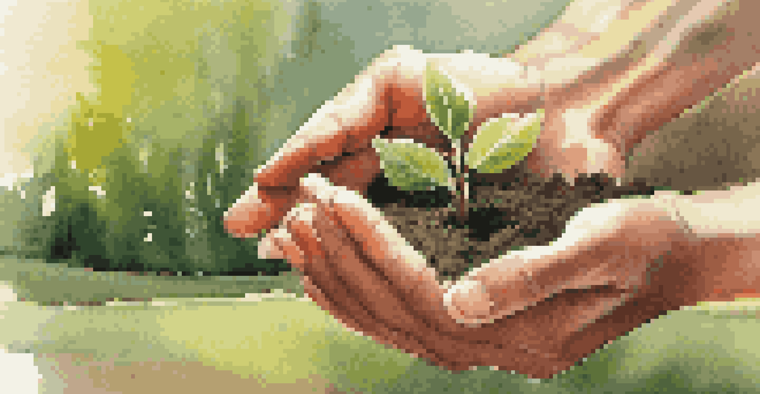 A hand holding a small tree sapling with a blurred garden background, representing growth and investment.