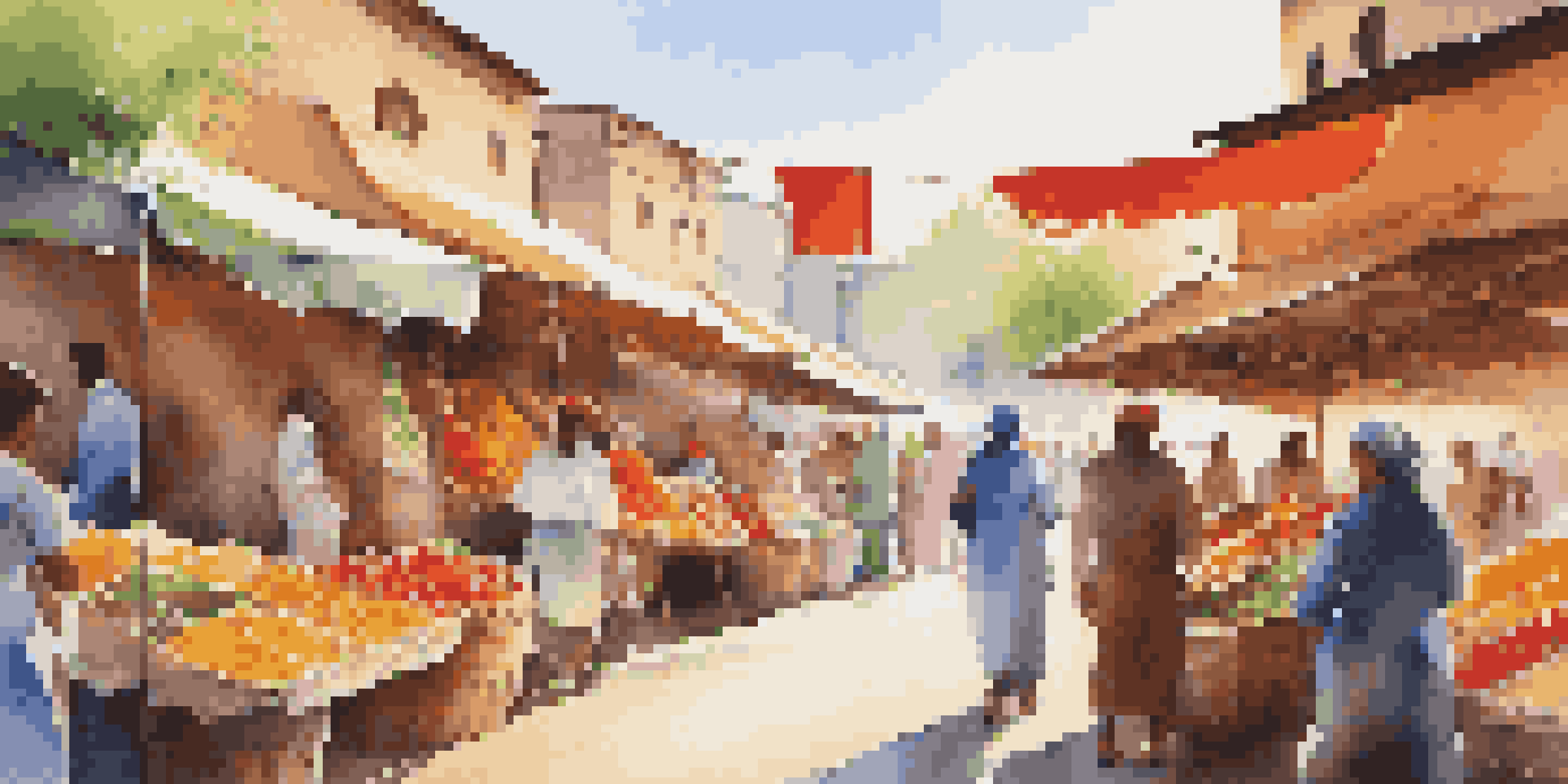 A lively local market scene during a cultural festival with colorful stalls and happy people.