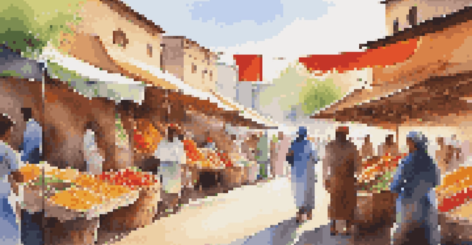 A lively local market scene during a cultural festival with colorful stalls and happy people.