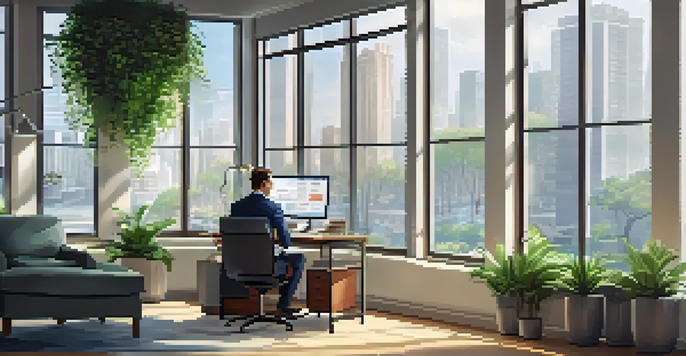 An office with a financial analyst working on a laptop, surrounded by charts and graphs related to cash flow forecasting.