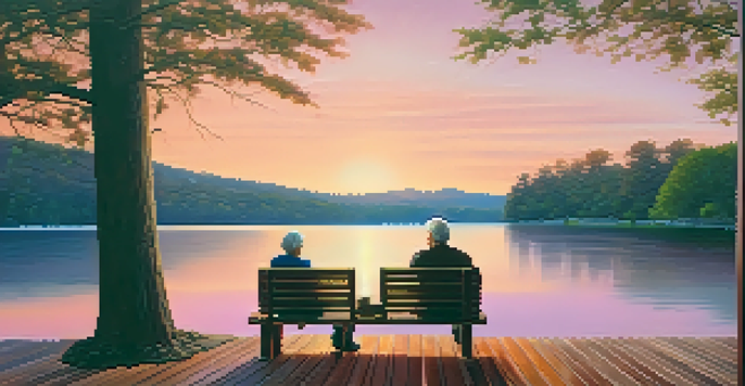A couple sitting on a deck by a lake at sunset, enjoying a peaceful moment together.