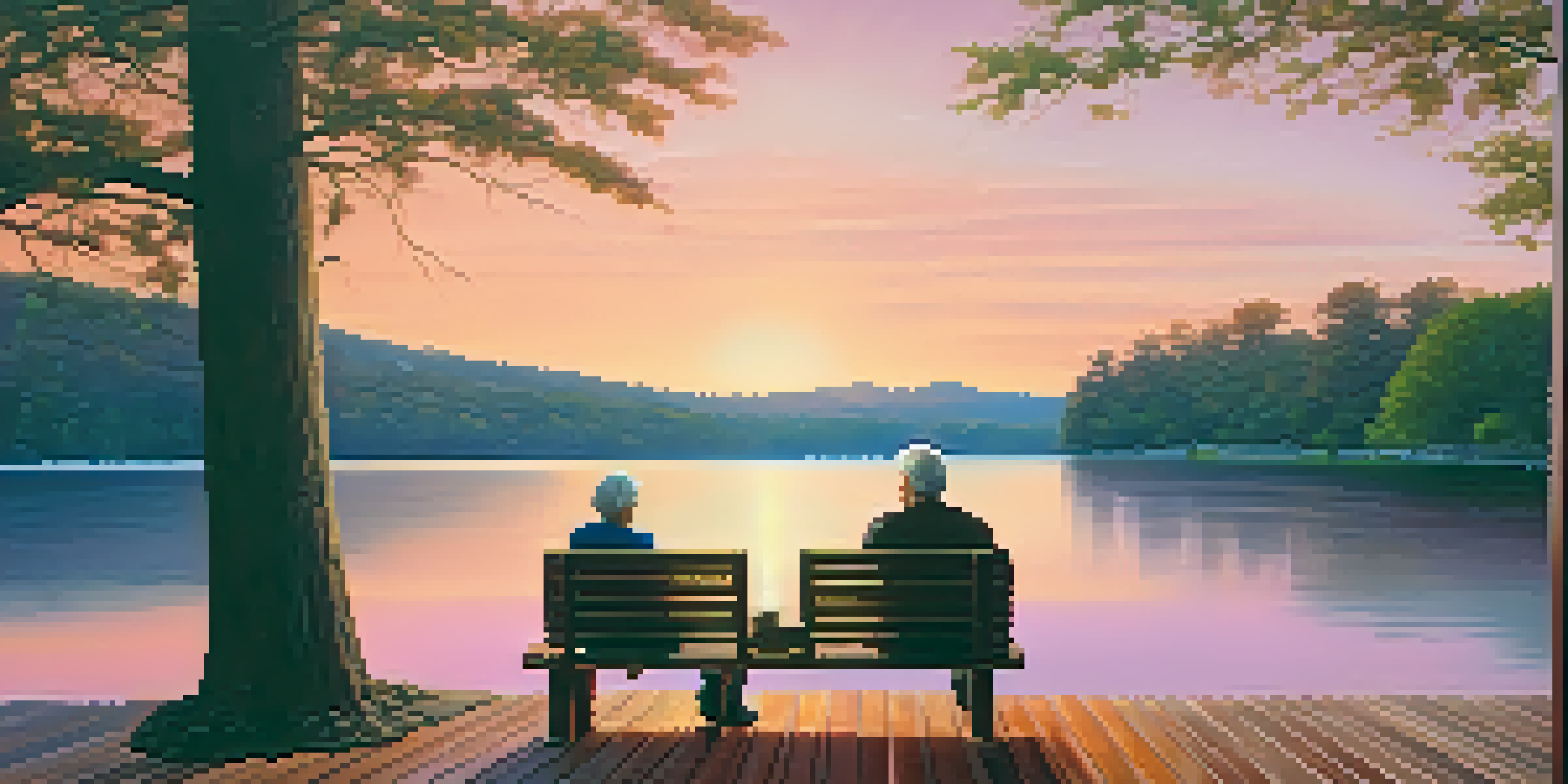 A couple sitting on a deck by a lake at sunset, enjoying a peaceful moment together.