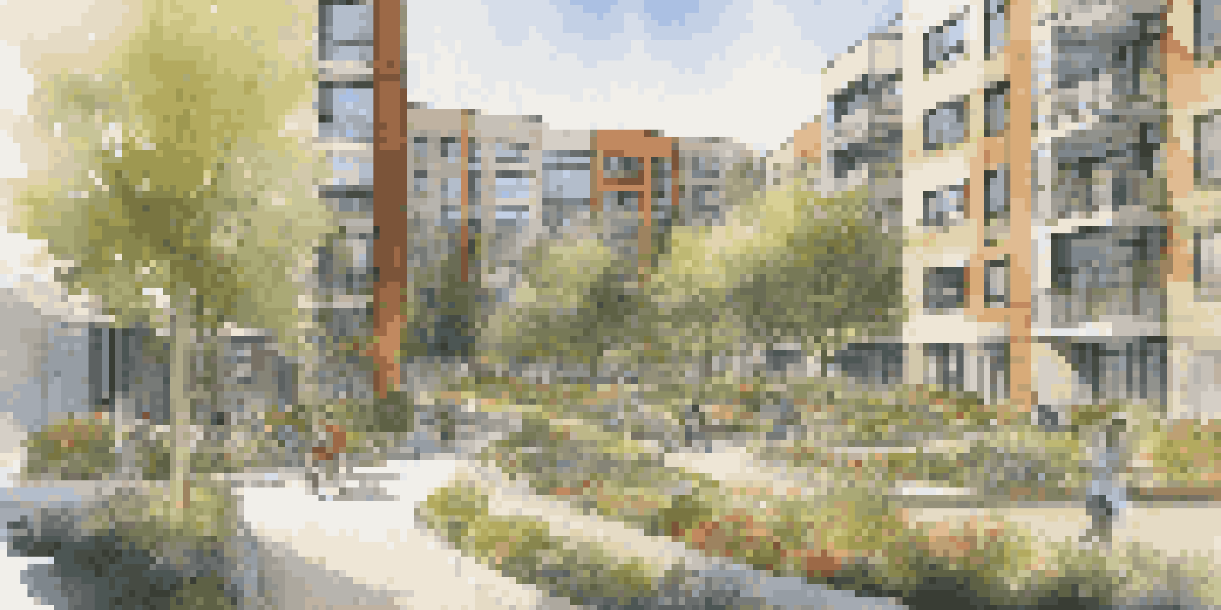 A modern affordable housing complex surrounded by greenery, with diverse residents enjoying the garden under soft sunlight.