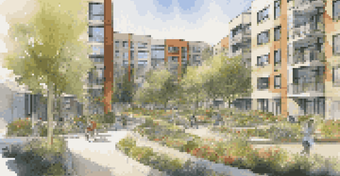 A modern affordable housing complex surrounded by greenery, with diverse residents enjoying the garden under soft sunlight.