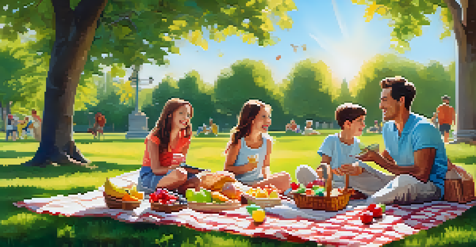 A family enjoying a picnic in a park with healthy snacks, laughing and playing in the sunshine.