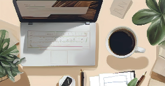 A cozy workspace with a notepad detailing SMART goals, a potted plant, a cup of coffee, and a laptop, illuminated by warm lighting.