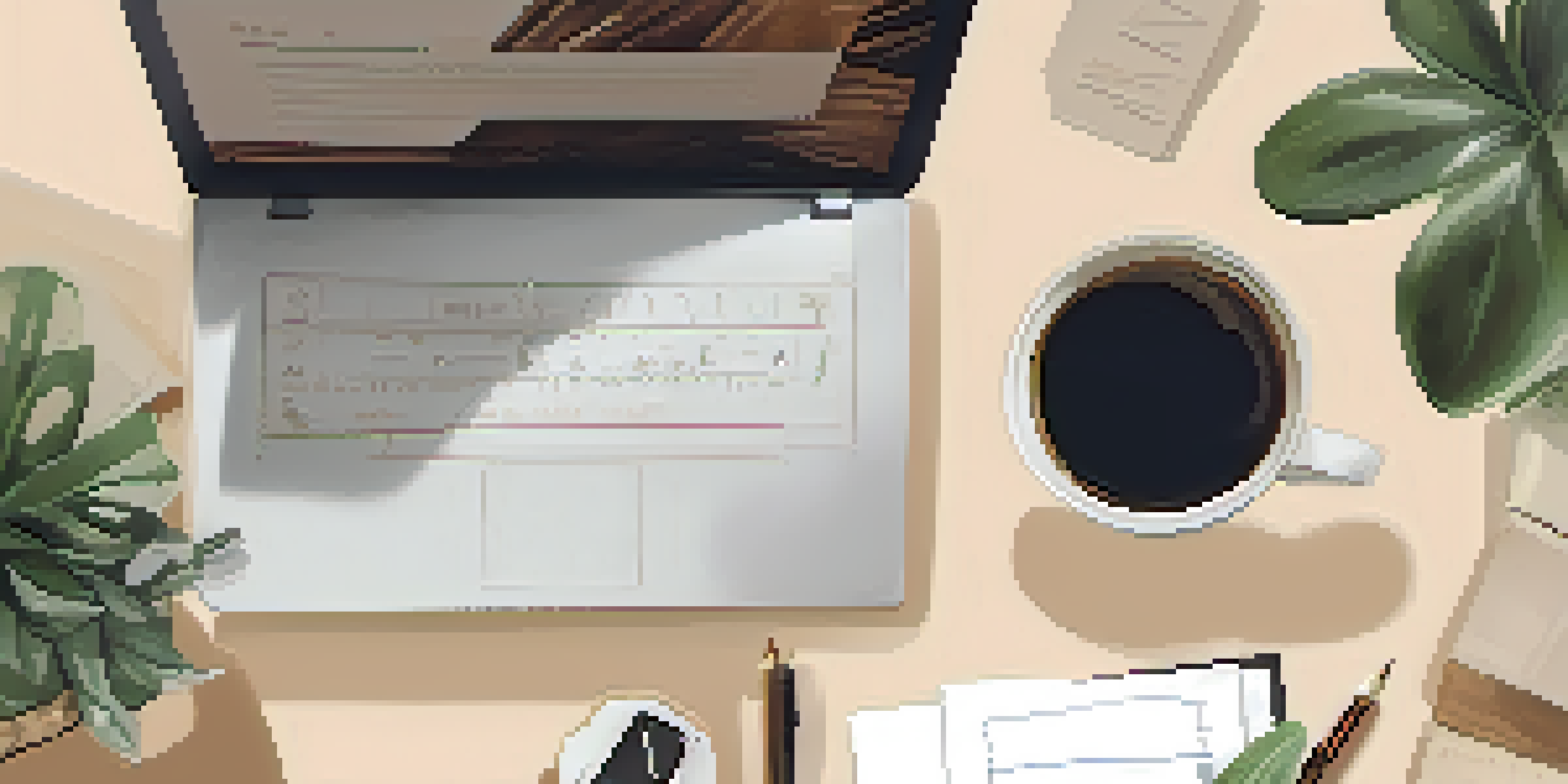 A cozy workspace with a notepad detailing SMART goals, a potted plant, a cup of coffee, and a laptop, illuminated by warm lighting.