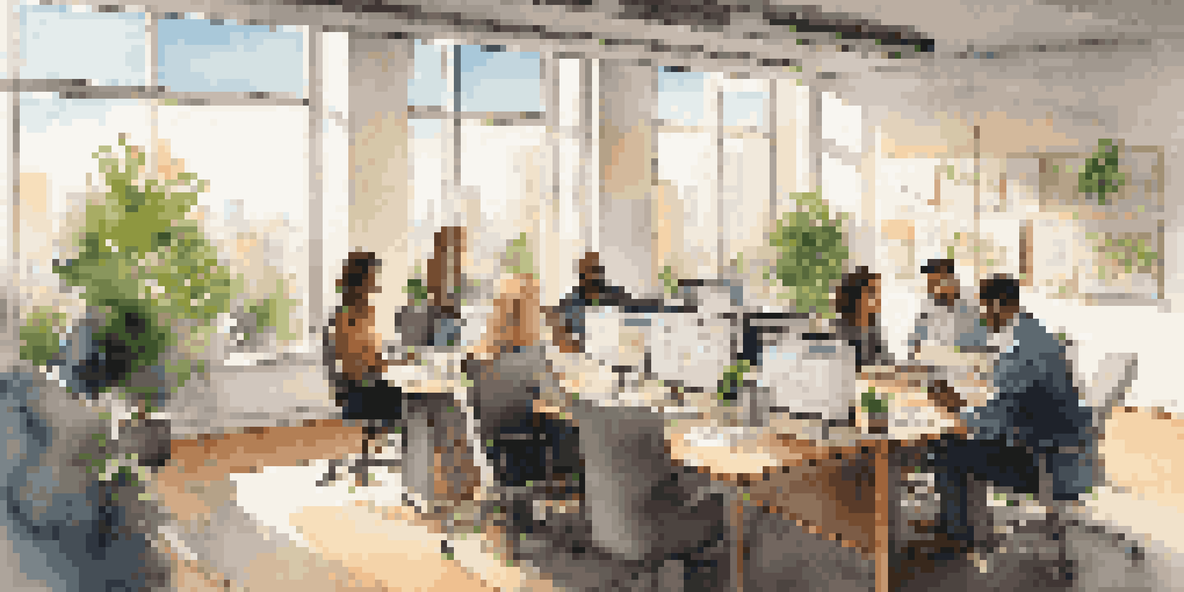 A modern office with professionals brainstorming around a conference table, sunlight streaming through a window, showcasing a city view.