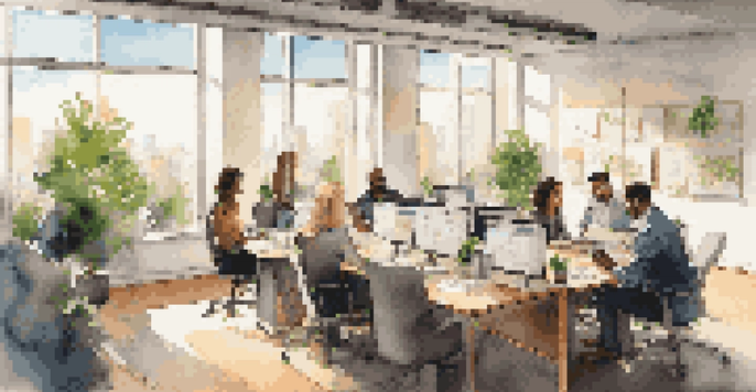 A modern office with professionals brainstorming around a conference table, sunlight streaming through a window, showcasing a city view.