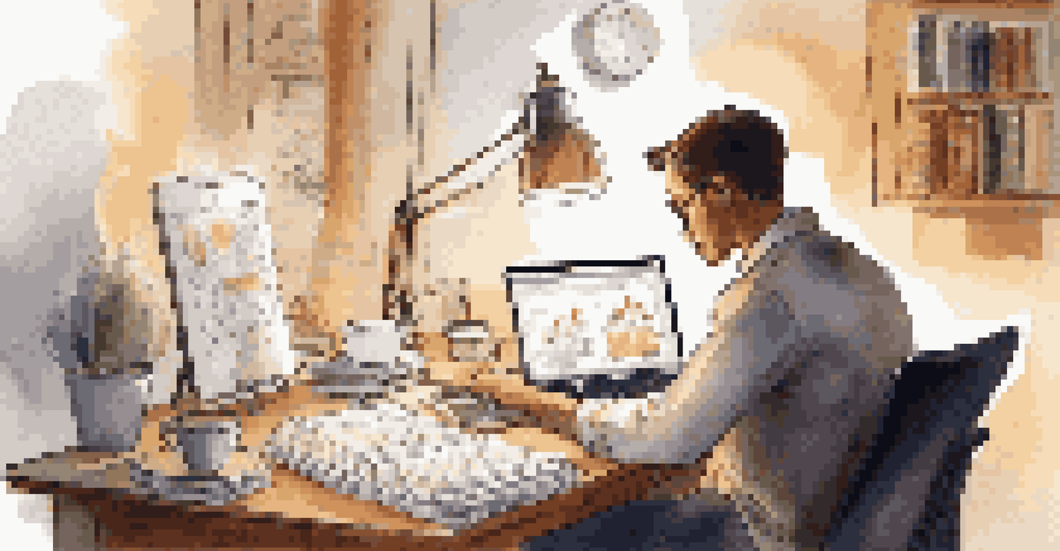 A thoughtful person at a desk with investment books and a laptop, analyzing stock market charts in a cozy atmosphere.