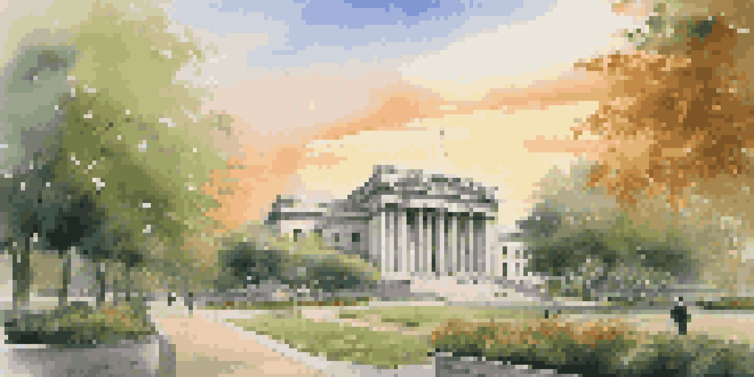 A modern central bank building in a lush green landscape during sunset, with people in business attire walking along a pathway.