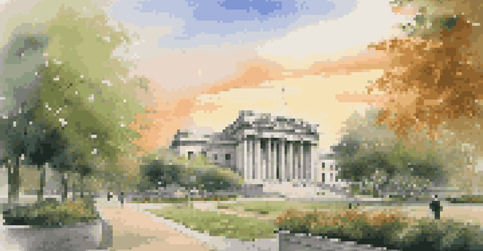 A modern central bank building in a lush green landscape during sunset, with people in business attire walking along a pathway.