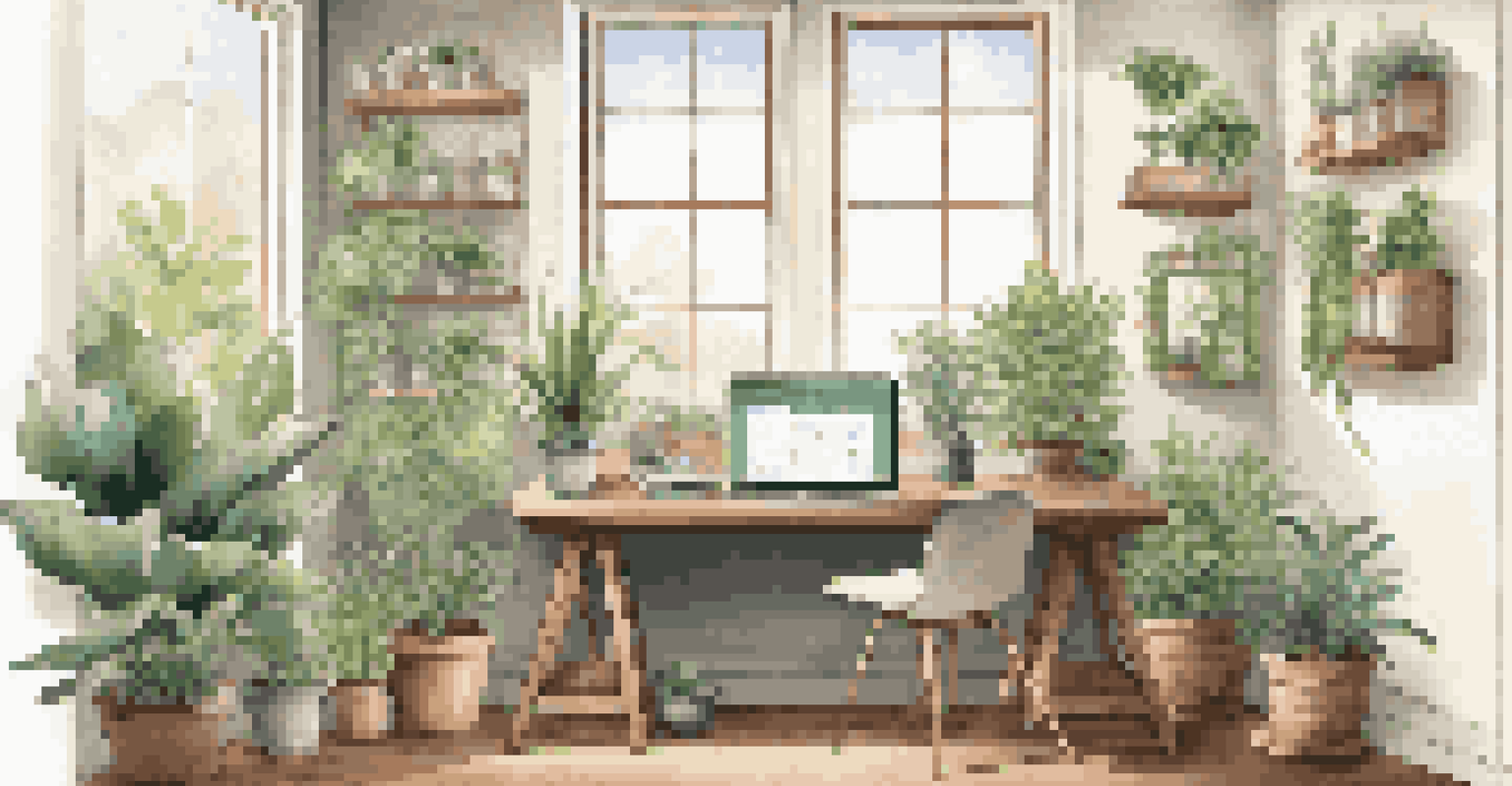 A bright and inviting workspace featuring a wooden desk with a laptop and plants, bathed in natural light.