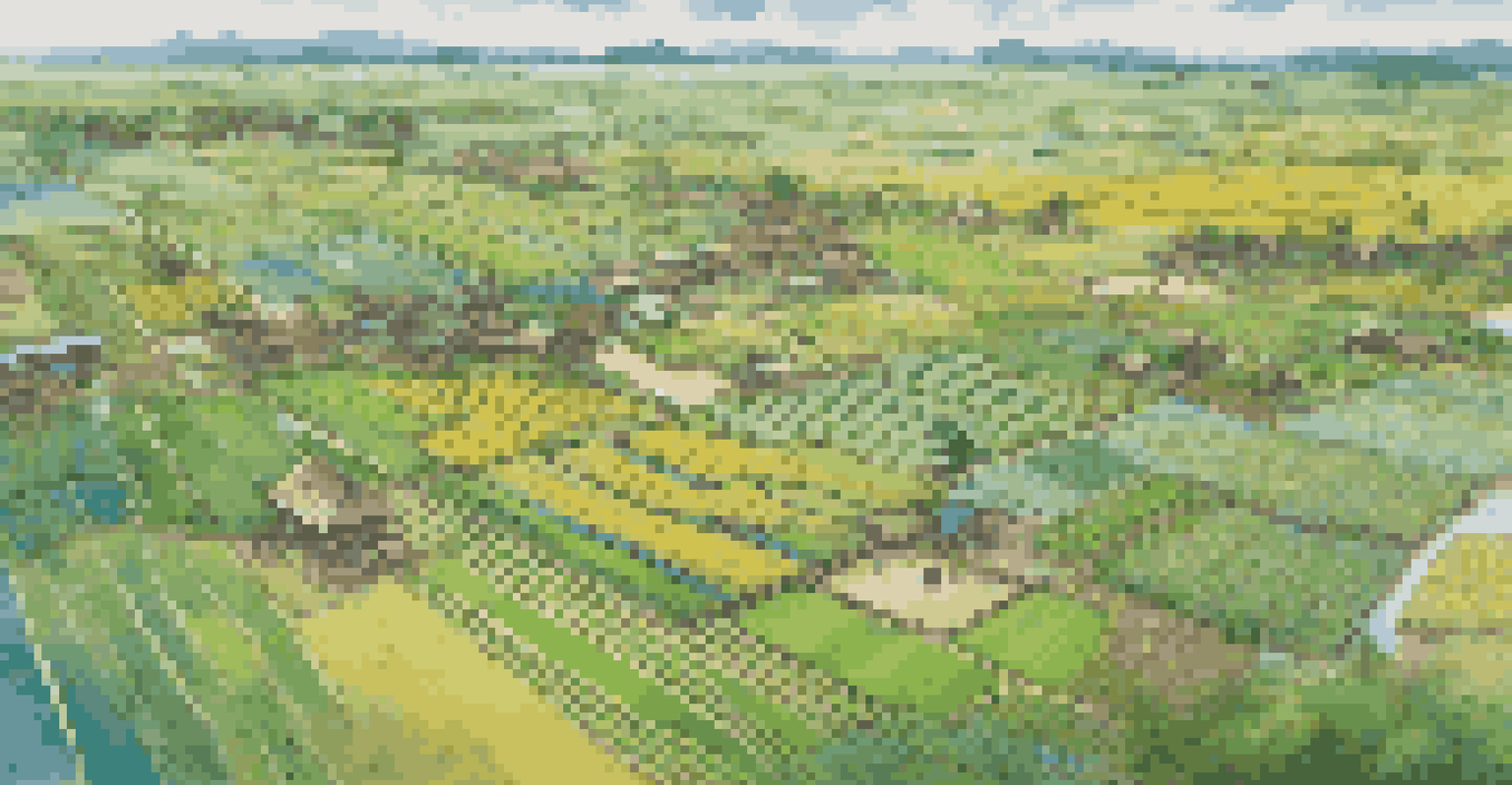 An aerial view of an agricultural community with organized rice paddies and farmers collaborating in the distance.