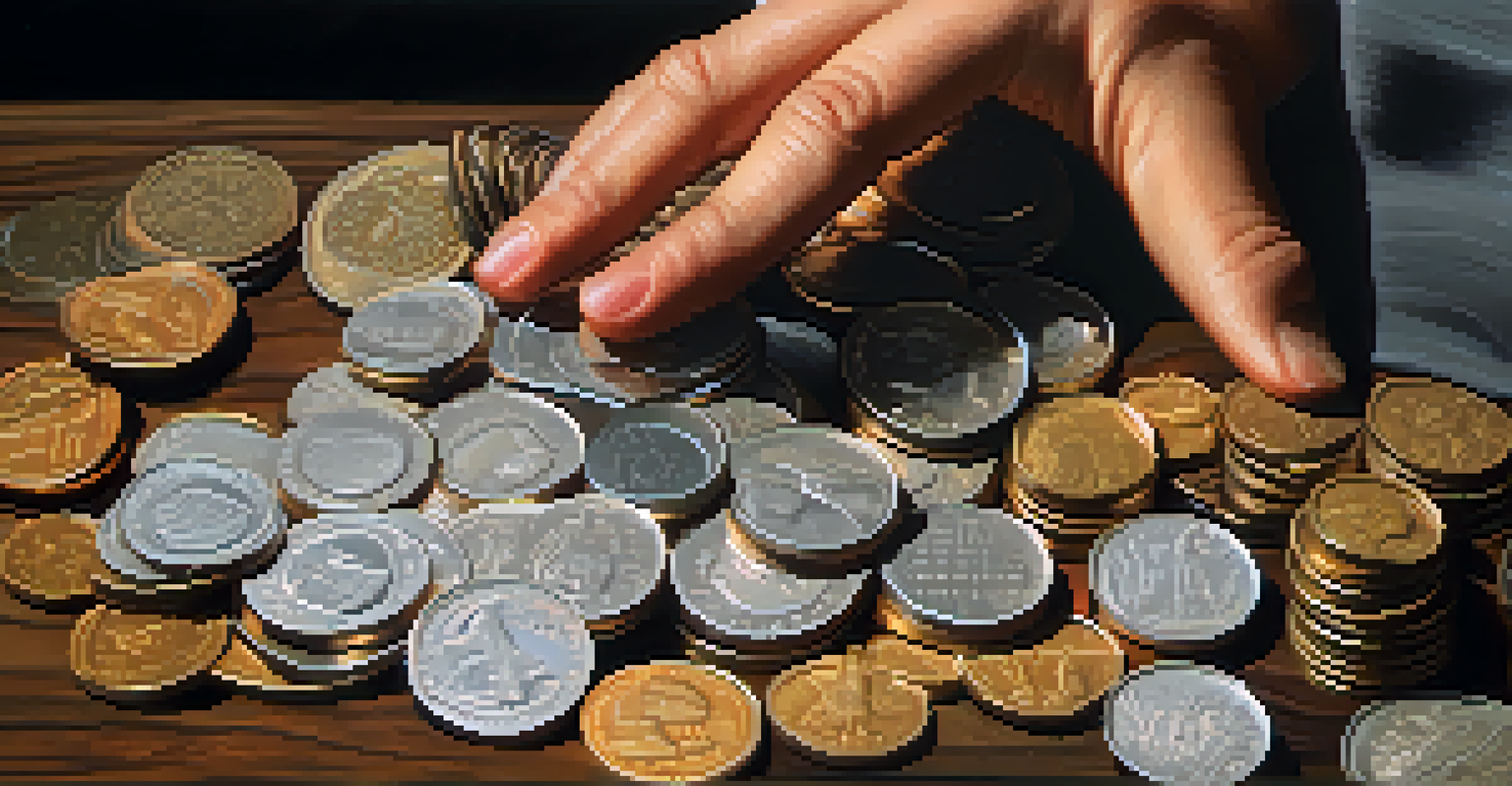 A close-up of a hand holding various coins with a blurred background.