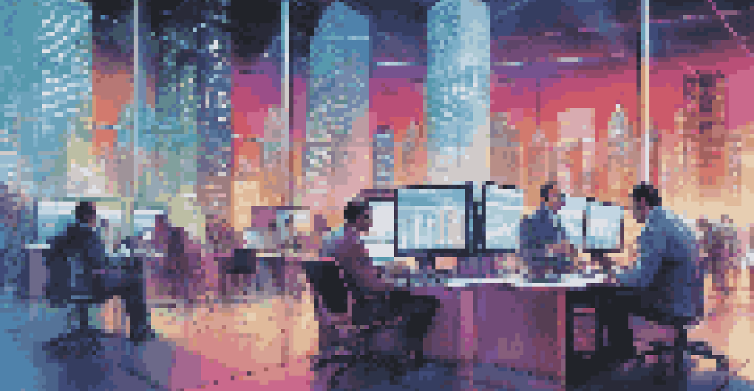 A busy technology hub with modern buildings and professionals discussing with laptops under neon lights.