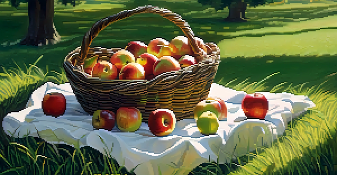 A beautiful fruit garden with various fruits like apples, oranges, and berries, illuminated by warm sunlight.