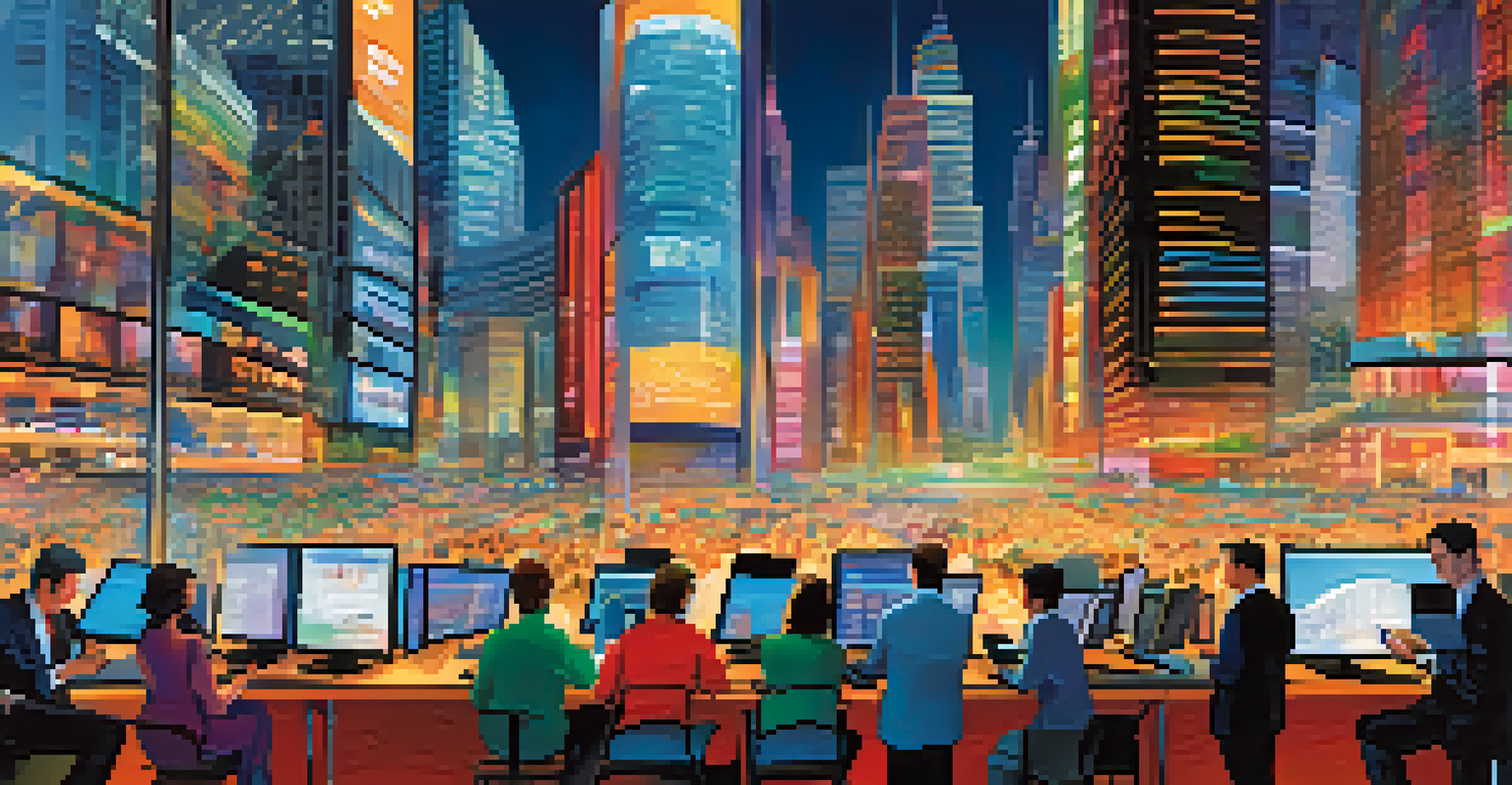 A digital stock market scene with fluctuating prices and traders using technology in a bustling city setting.