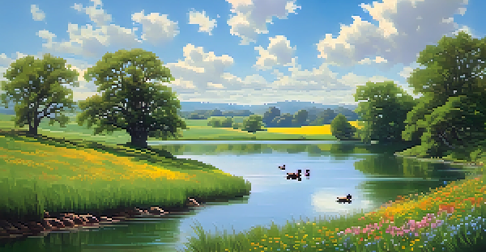 A peaceful landscape with rolling green hills, a calm river, colorful wildflowers, and a family of ducks swimming.