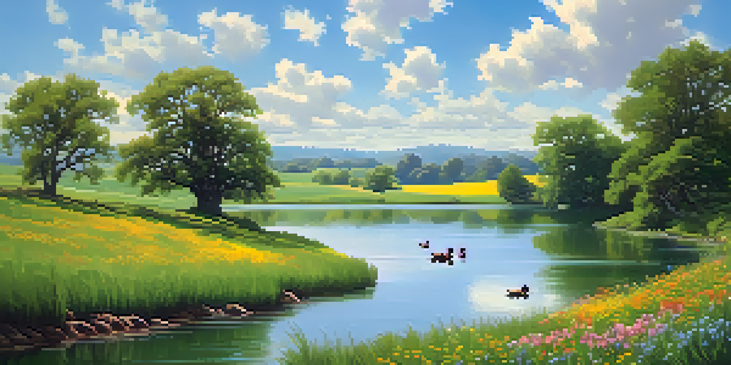 A peaceful landscape with rolling green hills, a calm river, colorful wildflowers, and a family of ducks swimming.