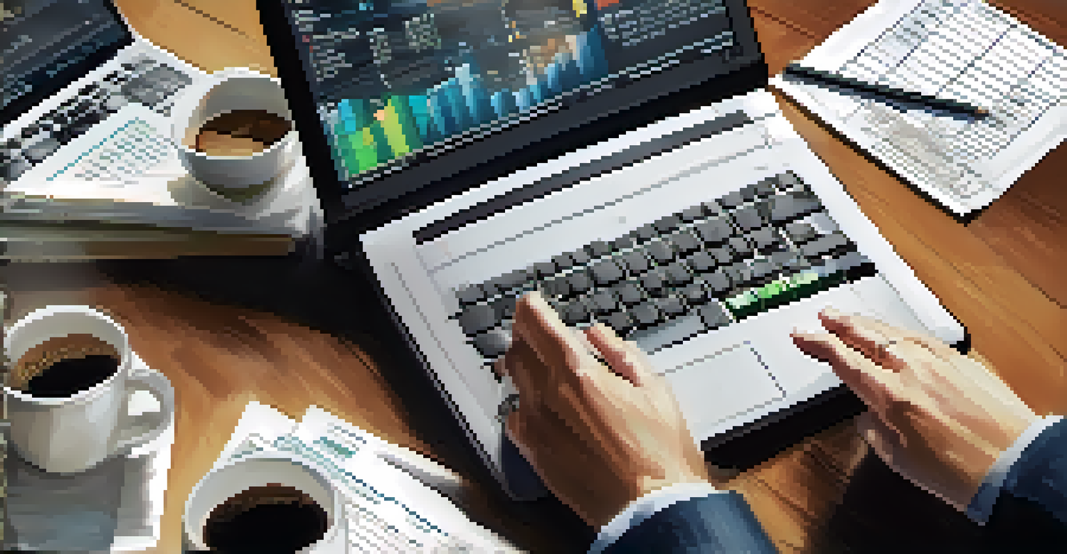 A financial analyst calculating risk assessments with a calculator and laptop, surrounded by financial documents and a cup of coffee.
