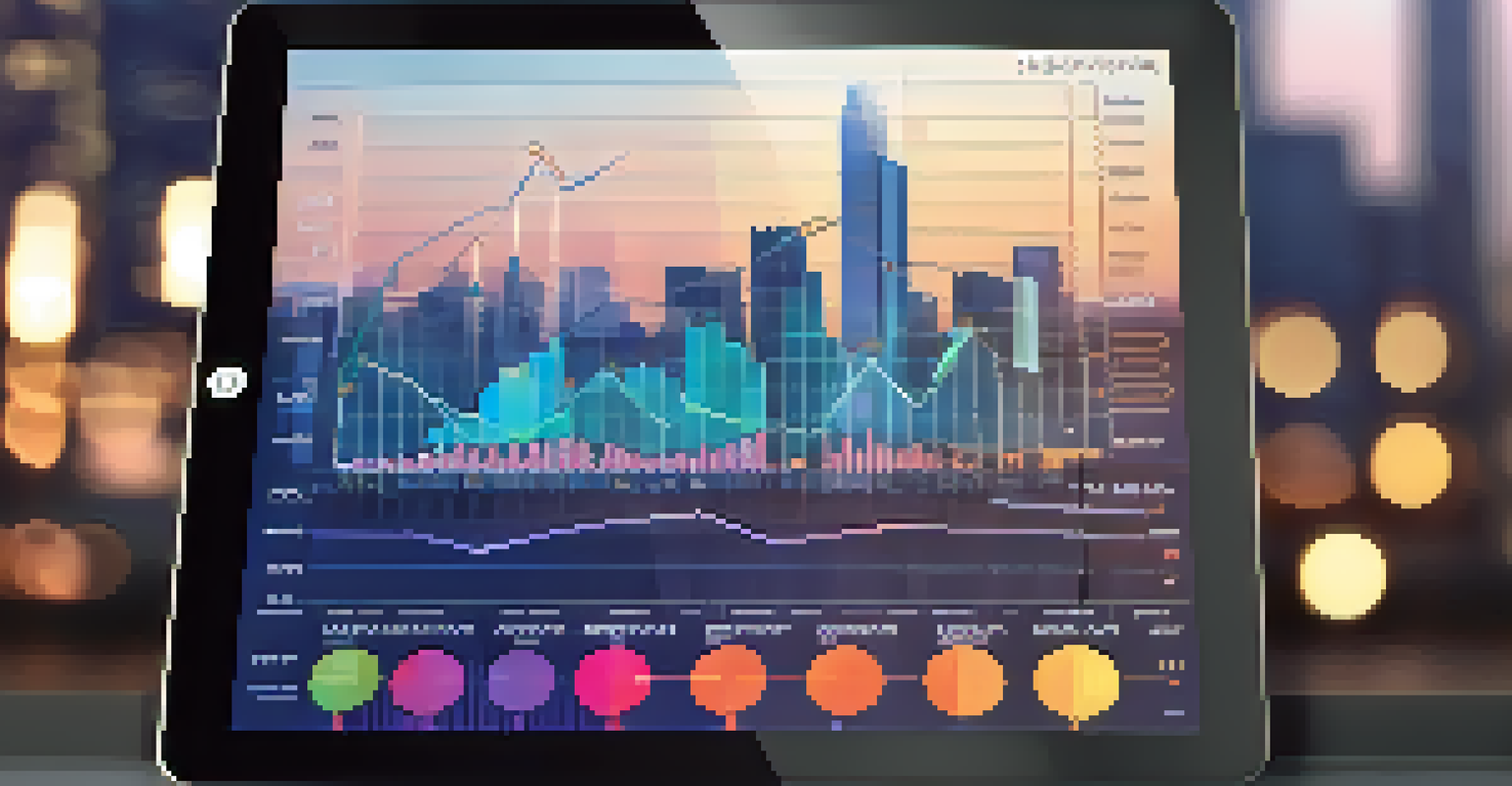 A close-up of a digital tablet displaying a financial chart with upward trends against a blurred city skyline background.