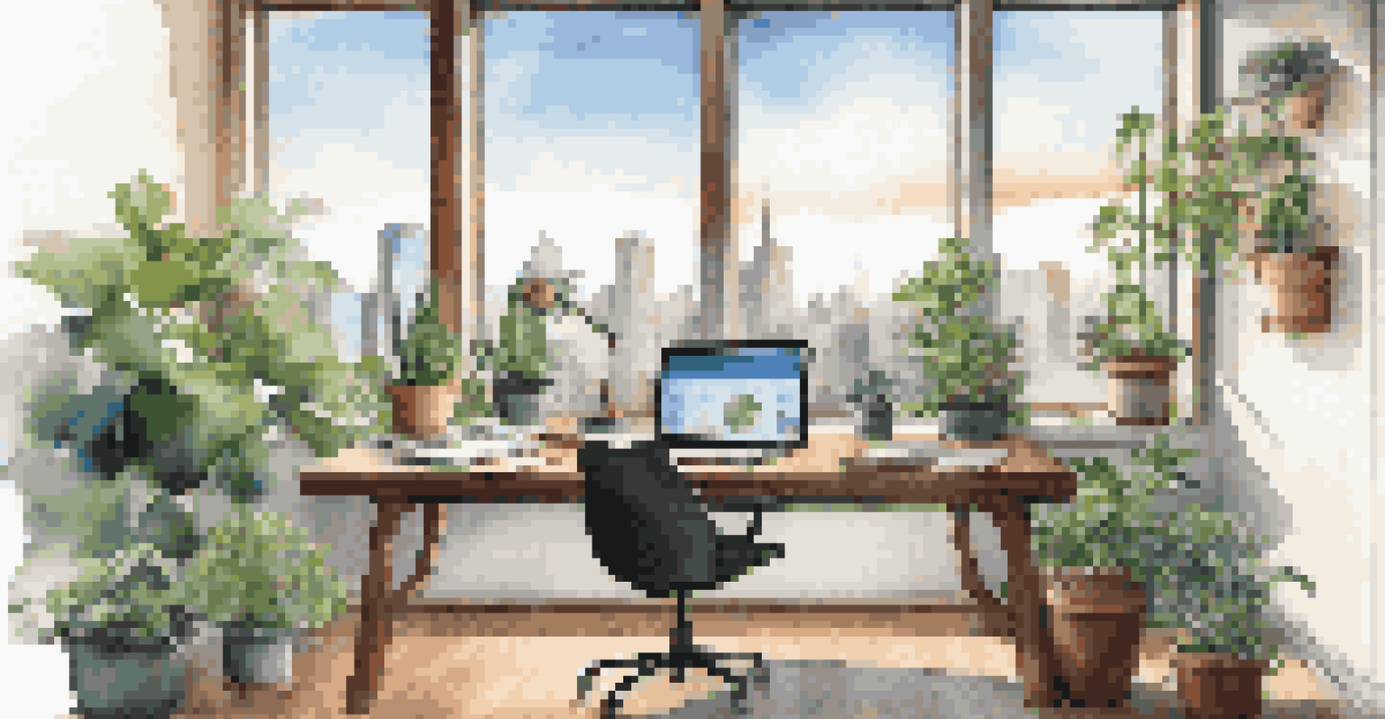 A modern workspace with a laptop showing sustainable investments, surrounded by plants and a city skyline view.