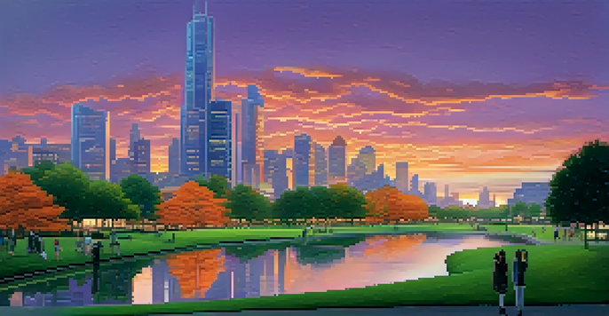 A futuristic city skyline at dusk, with colorful reflections and a peaceful park in the foreground.