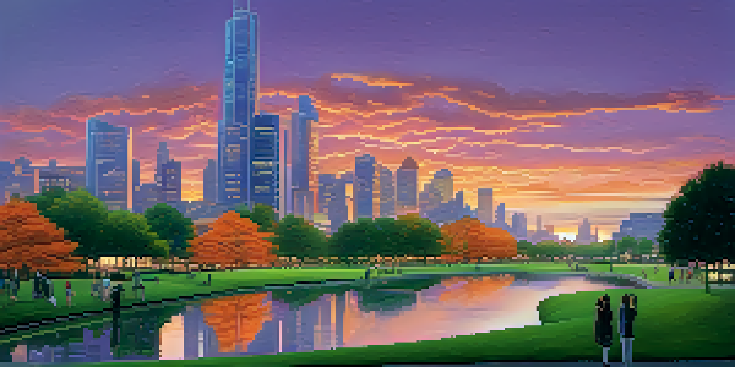A futuristic city skyline at dusk, with colorful reflections and a peaceful park in the foreground.