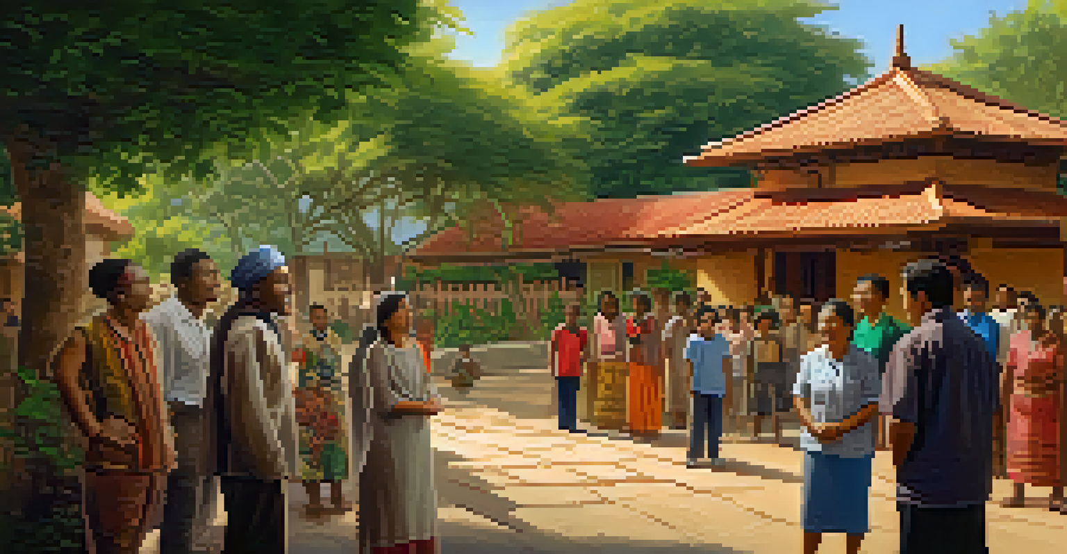 A local leader discussing community plans with families in a culturally rich neighborhood surrounded by traditional architecture.