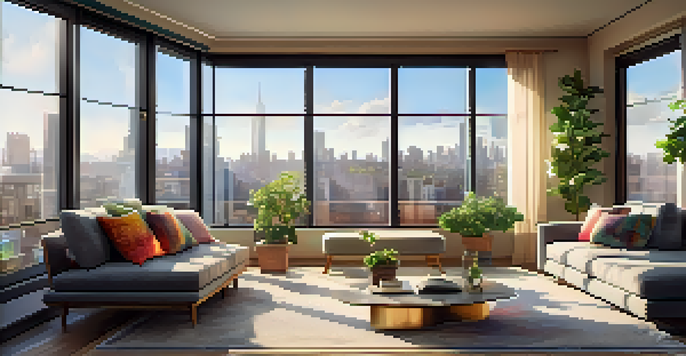 A cozy modern living room with a view of a city through a large window, featuring a gray sofa and a wooden coffee table.