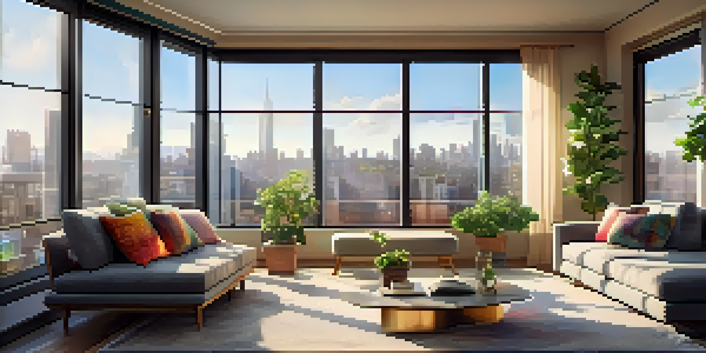 A cozy modern living room with a view of a city through a large window, featuring a gray sofa and a wooden coffee table.
