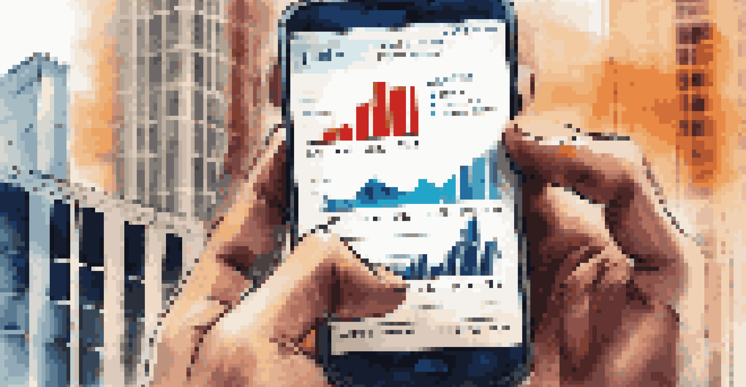 A close-up of a hand holding a smartphone with stock market data, with a blurred corporate building in the background.