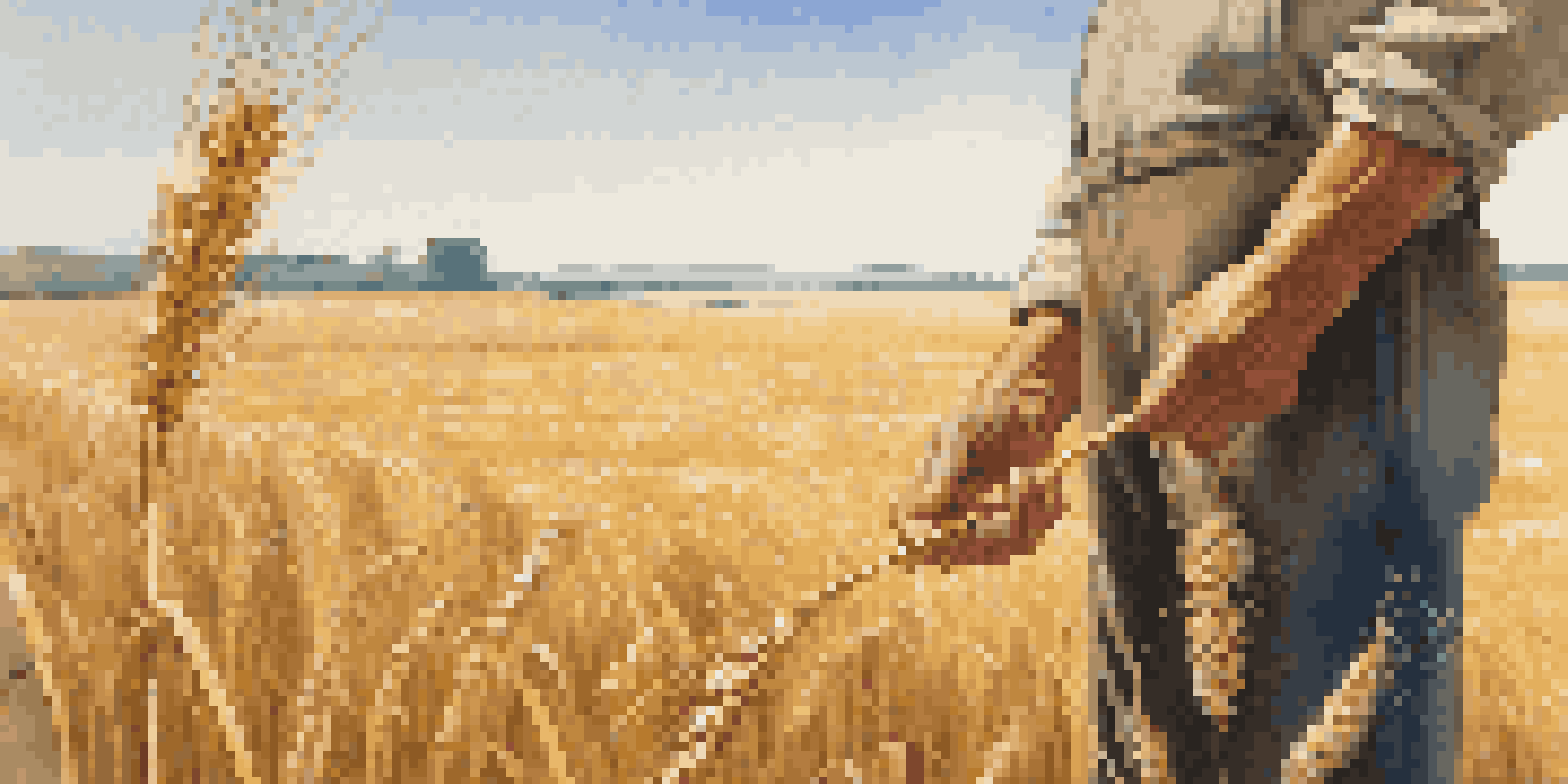 A farmer inspecting wheat in a field, with golden grains and a blue sky in the background.