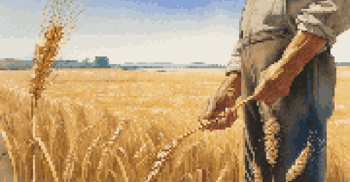 A farmer inspecting wheat in a field, with golden grains and a blue sky in the background.