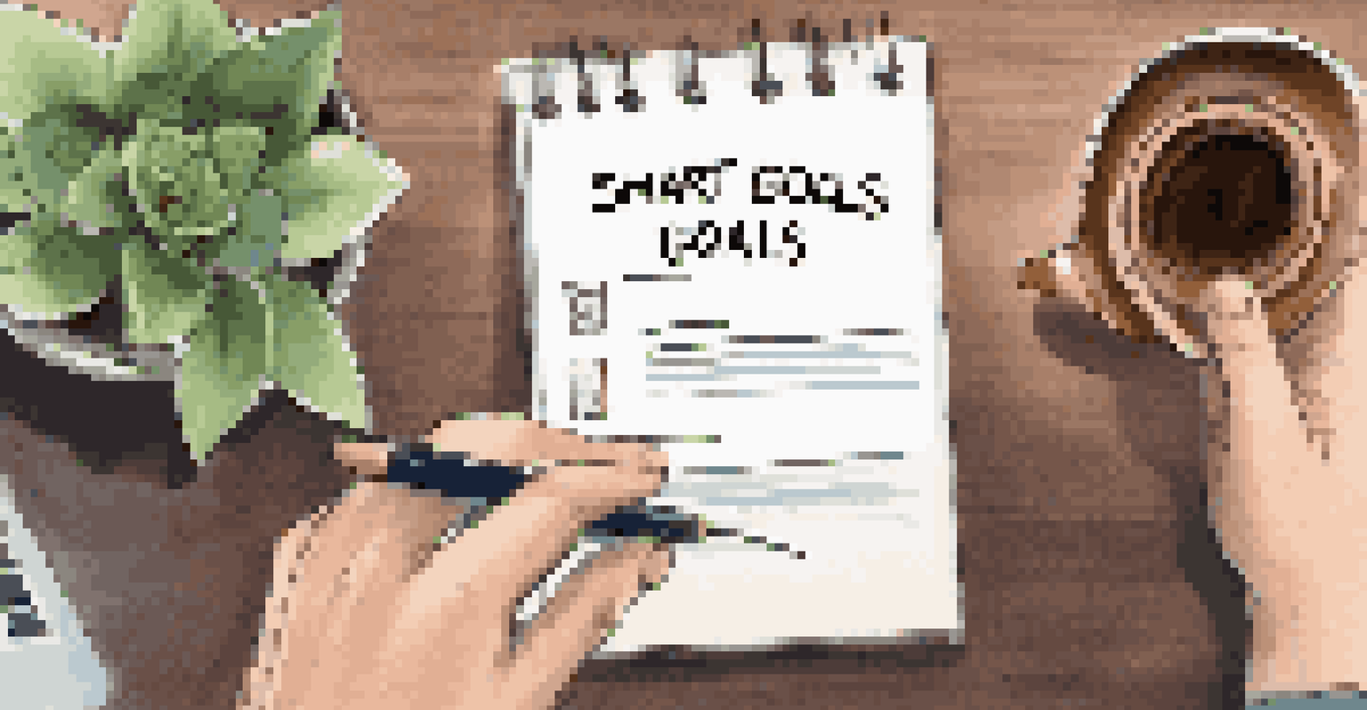 A close-up of a hand writing financial goals on a notepad, with a coffee cup and plant in the background.
